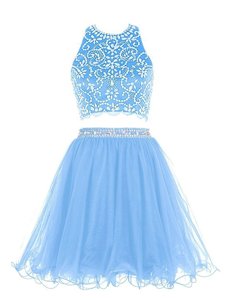 Scoop Sleeveless Mini Length Beading Backless Prom Party Dress with Blue