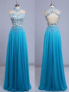 Extravagant Baby Blue Cap Sleeves Chiffon Backless Prom Evening Gown for Prom and Party