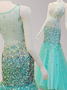 Chic Mermaid Scoop Turquoise Sleeveless Beading Side Zipper Evening Dress