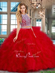 Pretty Red Two Pieces Scoop Sleeveless Tulle Floor Length Backless Beading and Ruffles Sweet 16 Dress