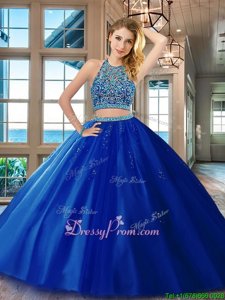 Graceful Sleeveless Floor Length Beading Backless Quinceanera Dresses with Royal Blue