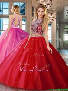 Fantastic Scoop Sleeveless Backless Ball Gown Prom Dress Red Tulle