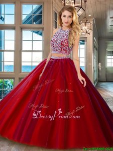 Affordable Sleeveless Tulle Backless Sweet 16 Dresses inRed forSpring and Summer and Fall and Winter withBeading