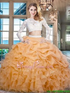 Exceptional Gold Scoop Zipper Beading and Lace and Ruffles Quinceanera Dresses Long Sleeves