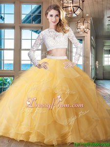 Colorful Gold Long Sleeves Beading and Lace and Ruffles Zipper Quinceanera Dress