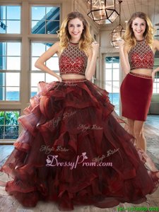 Trendy Burgundy Sleeveless Tulle Brush Train Backless Quinceanera Dresses forMilitary Ball and Sweet 16 and Quinceanera