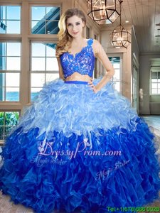 Enchanting Multi-color Two Pieces Organza V-neck Sleeveless Lace and Ruffles Floor Length Zipper Quince Ball Gowns