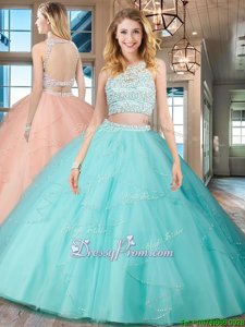 Glittering Aqua Blue Scoop Backless Beading and Ruffles Quinceanera Gown Sleeveless