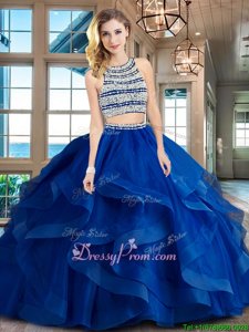 High Quality With Train Royal Blue Sweet 16 Dress Tulle Brush Train Sleeveless Spring and Summer and Fall and Winter Beading and Ruffles