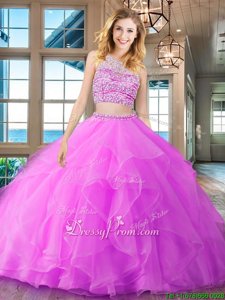 Dazzling Fuchsia Sleeveless With Train Beading and Ruffles Backless 15 Quinceanera Dress