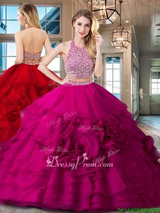Vintage Halter Top Sleeveless Organza Quinceanera Dress Beading and Ruffles Brush Train Backless