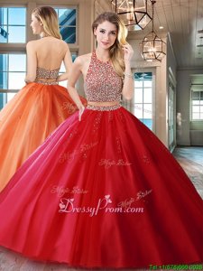 Simple With Train Red Quinceanera Dress Halter Top Sleeveless Brush Train Backless