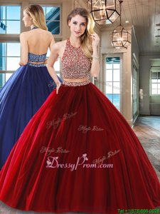 Customized Sleeveless Tulle Floor Length Backless Quinceanera Dress inWine Red forSpring and Summer and Fall and Winter withBeading