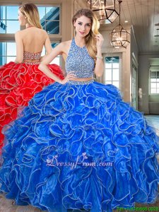 Delicate Beading and Ruffled Layers Sweet 16 Dress Royal Blue Backless Sleeveless Floor Length
