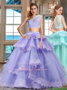 On Sale Lavender Tulle Zipper Vestidos de Quinceanera Cap Sleeves Floor Length Lace and Appliques and Ruffled Layers
