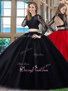 Floor Length Two Pieces Long Sleeves Black and Red 15 Quinceanera Dress Backless