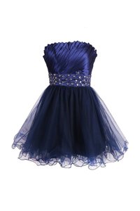 Designer Navy Blue Satin and Tulle Zipper Evening Dress Sleeveless Knee Length Beading and Sashes|ribbons
