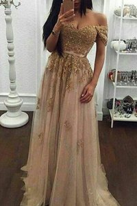 Off the Shoulder Beading and Appliques Prom Dress Champagne Zipper Short Sleeves With Train Sweep Train