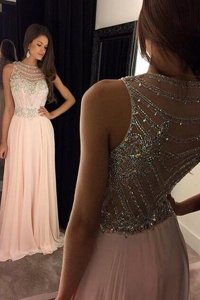 Hot Sale Scoop Sleeveless Sweep Train Criss Cross Prom Gown Pink Chiffon