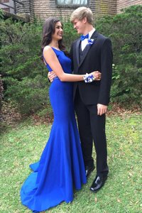 Mermaid Royal Blue Elastic Woven Satin Backless Prom Evening Gown Sleeveless With Train Sweep Train Beading