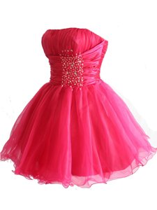 Chic Hot Pink Prom and Party and For with Beading and Sequins Strapless Sleeveless Lace Up