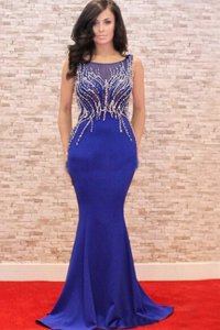 Vintage Mermaid Scoop Zipper Royal Blue and In for Prom and Party with Beading and Appliques Sweep Train
