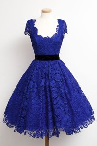 Scoop Royal Blue Cap Sleeves Lace Zipper Evening Dress for Prom and Party