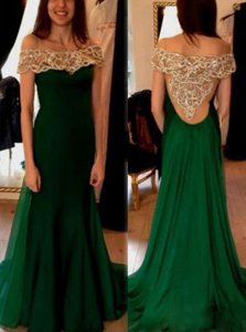 Fashionable Off The Shoulder Short Sleeves Sweep Train Beading and Pleated Dark Green Chiffon