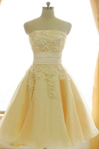 Custom Design Appliques and Hand Made Flower Prom Dresses Yellow Zipper Sleeveless Knee Length