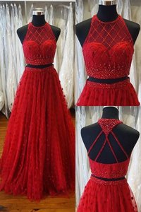 Scoop Red Sleeveless Sweep Train Beading and Appliques