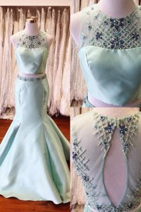 Mermaid Light Blue Backless Scoop Beading and Sashes|ribbons Prom Dresses Satin Sleeveless