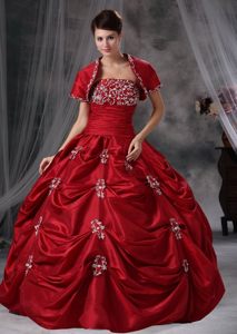 Beaded and Appliqued Wine Red Quinces Dresses with Pick ups 2014