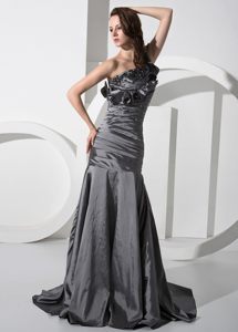 Ruched Gray Brush Prom Party Dresses with Flowers and Beading