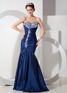 Beautiful Sweetheart Beaded Ruches Prom Gowns Mermaid in Navy Blue