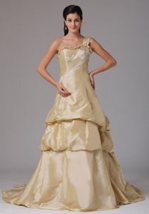 Sweet Champagne Single Shoulder Prom Holiday Dresses with Appliques