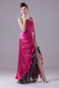High-low one Shoulder Beaded Prom Gowns Leopard with the Back out