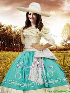 Adorable Off The Shoulder Half Sleeves Quinceanera Gowns Floor Length Embroidery and Ruffled Layers and Bowknot Turquoise and Yellow Taffeta