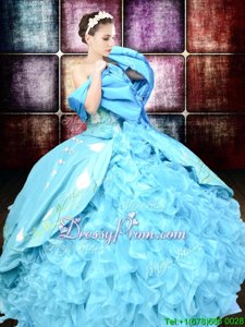 Simple Baby Blue Sweetheart Lace Up Embroidery and Ruffles 15 Quinceanera Dress Sleeveless
