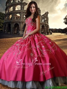 Fashion Sweetheart Sleeveless Quinceanera Dress Floor Length Beading and Embroidery Hot Pink Taffeta
