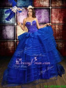 Custom Design Beading and Ruffled Layers Quinceanera Dresses Royal Blue Lace Up Sleeveless Floor Length