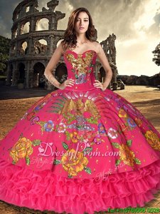 Custom Designed Red Organza and Taffeta Lace Up Sweet 16 Quinceanera Dress Sleeveless Floor Length Embroidery and Ruffled Layers