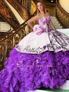 Wonderful Organza Sweetheart Sleeveless Lace Up Appliques and Embroidery 15 Quinceanera Dress inWhite And Purple