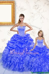Pretty Sleeveless Organza Floor Length Lace Up Sweet 16 Dresses inRoyal Blue forSpring and Summer and Fall and Winter withBeading and Ruffles and Pick Ups