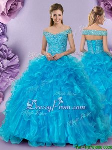 Exquisite Baby Blue Vestidos de Quinceanera Military Ball and Sweet 16 and Quinceanera and For withBeading and Lace and Ruffles Off The Shoulder Sleeveless Lace Up