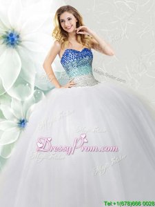 Fancy White Lace Up Sweetheart Beading Quinceanera Gowns Tulle Sleeveless