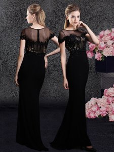 Black Scoop Neckline Appliques and Sequins Prom Evening Gown Short Sleeves Zipper