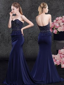 Mermaid With Train Navy Blue Homecoming Dress Satin Brush Train Sleeveless Beading