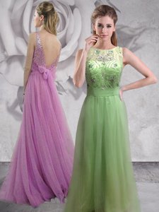 Top Selling Backless Lilac Sleeveless Brush Train Beading With Train Prom Dress
