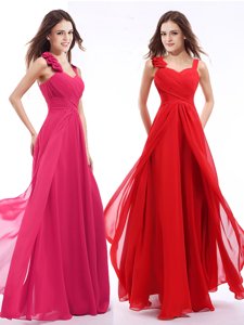 Straps Straps Hot Pink Chiffon Zipper Prom Dresses Sleeveless Floor Length Hand Made Flower