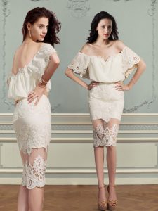 Delicate Off the Shoulder Lace Homecoming Dress Champagne Backless Short Sleeves Knee Length